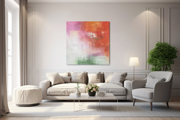 Abstract artwork in green pink and orange on wall in living room - Studio 2 Art & Design