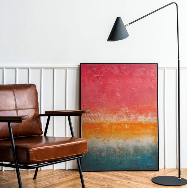Abstract artwork in pink orange and blue with black frame - Studio 2 Art & Design