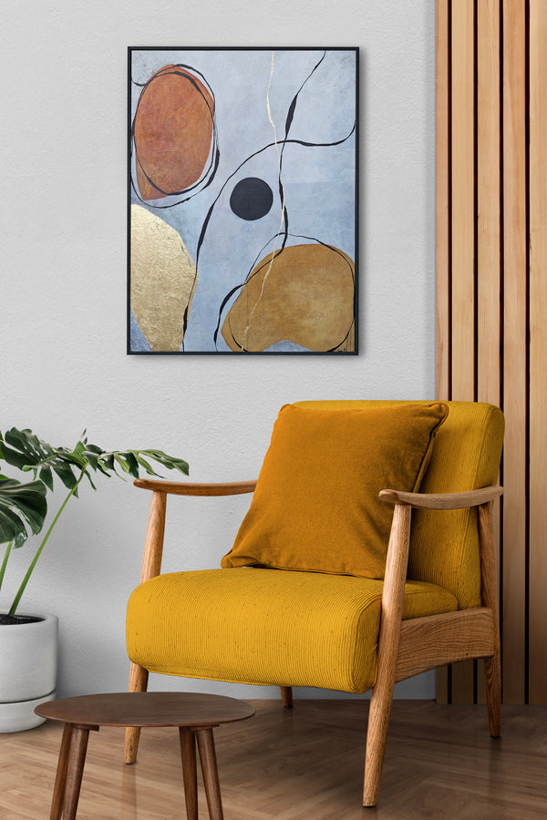 Abstract artwork with gold leaf and black frame yellow armchair - Studio 2 Art & Design