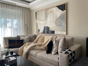 Abstract painting in black and white with wooden frame in living room - Studio 2 Art & Design