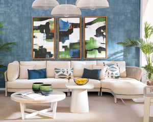 Abstract triptych artwork above sofa - Studio 2 Art & Design