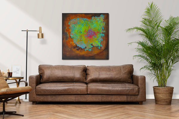 Abstract with rust effect and green detail on wall - Studio 2 Art & Design
