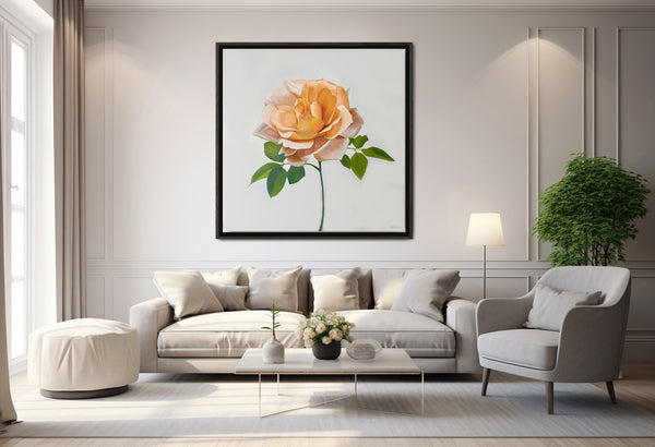 Artwork of rose with black frame on wall behind sofa - Studio 2 Art & Design