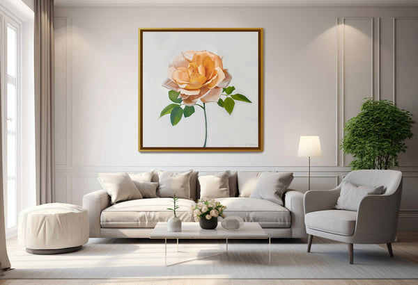 Artwork of rose with golden frame on wall behind sofa - Studio 2 Art & Design