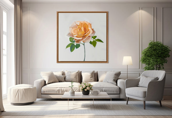 Artwork of rose with wooden frame on wall behind sofa - Studio 2 Art & Design