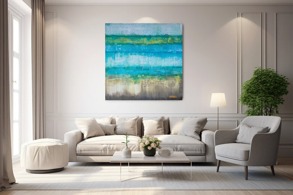 Blue and green abstract artwork in living room - Studio 2 Art & Design