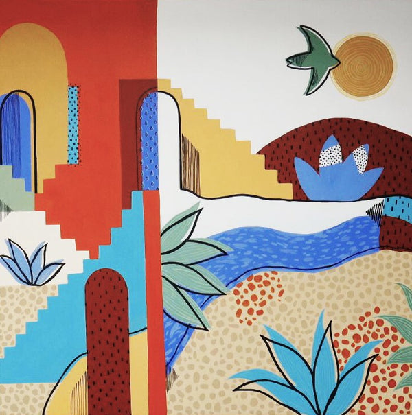Colourful abstract painting with plants and birds - Studio 2 Art & Design