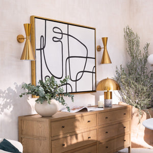 Lineal abstract artwork with golden frame above sideboard - Studio 2 Art & Design