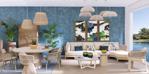 Living room with triptych on blue wall - Studio 2 Art & Design