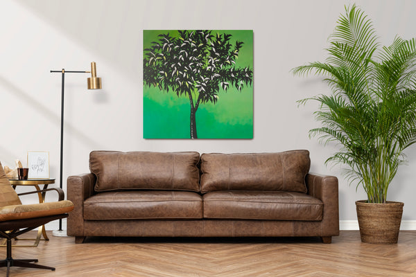 Painting of tree with green background in living room - Studio 2 Art & Design