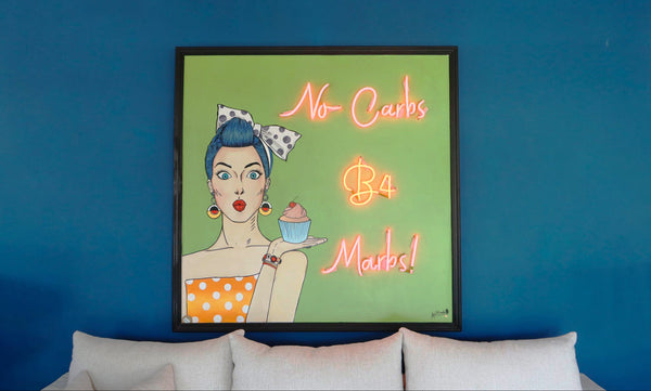 Pop art of girl with cupcake with No carbs b4 Marbs neon lights - Studio 2 Art & Design