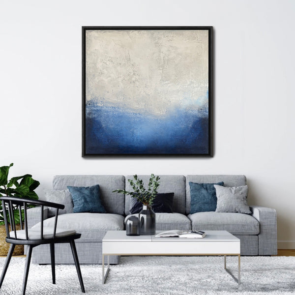 Square abstract in textured white and blue with black frame - Studio 2 Art &