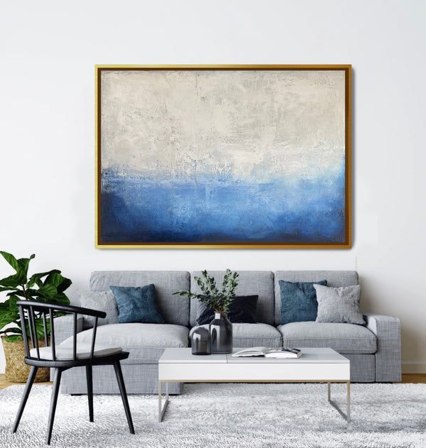 Textured blue and white abstract artwork with golden frame - Studio 2 Art & Design