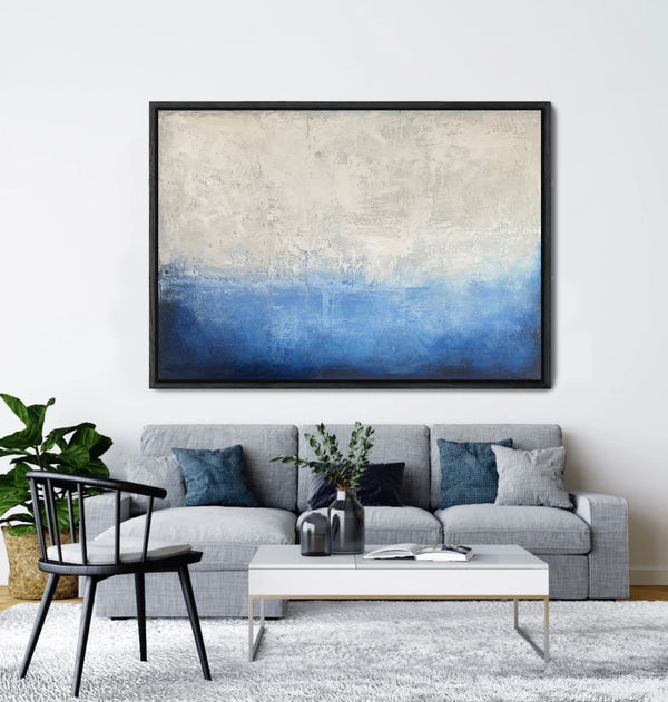 Textured blue and white abstract artwork with black frame - Studio 2 Art & Design