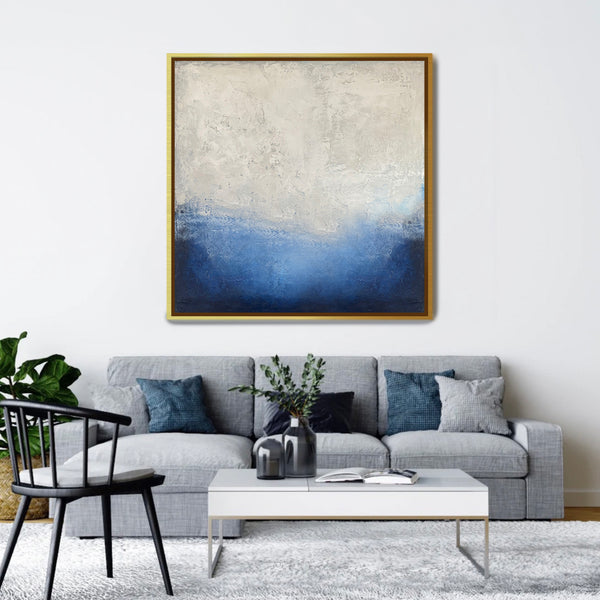 Textured blue and white abstract artwork with golden frame - Studio 2 Art & Design