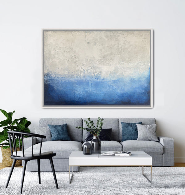 Textured blue and white abstract artwork with white frame - Studio 2 Art & Design
