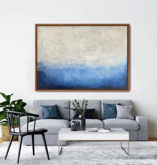 Textured blue and white abstract artwork with wooden frame - Studio 2 Art & Design