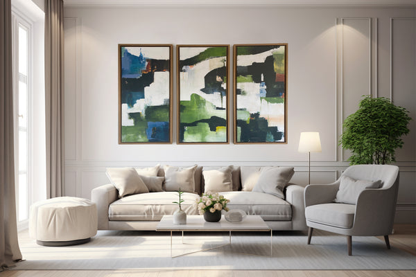Triptych abstract artwork on wall in living room - Studio 2 Art & Design