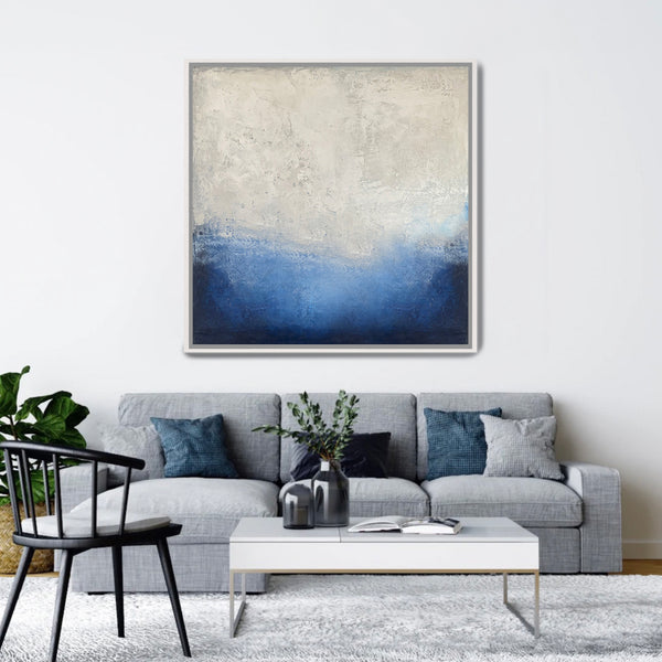 Square abstract in textured white and blue with white frame - Studio 2 Art & Design