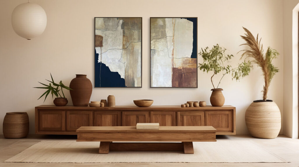 Pair of neutral brown-beige abstract paintings on display above a wooden console in a warm beige interior - Studio 2 Art & Design.