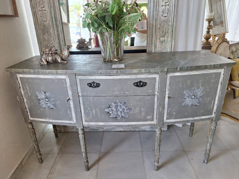 Hand-painted vintage grey console with floral details - Studio 2 Art & Design