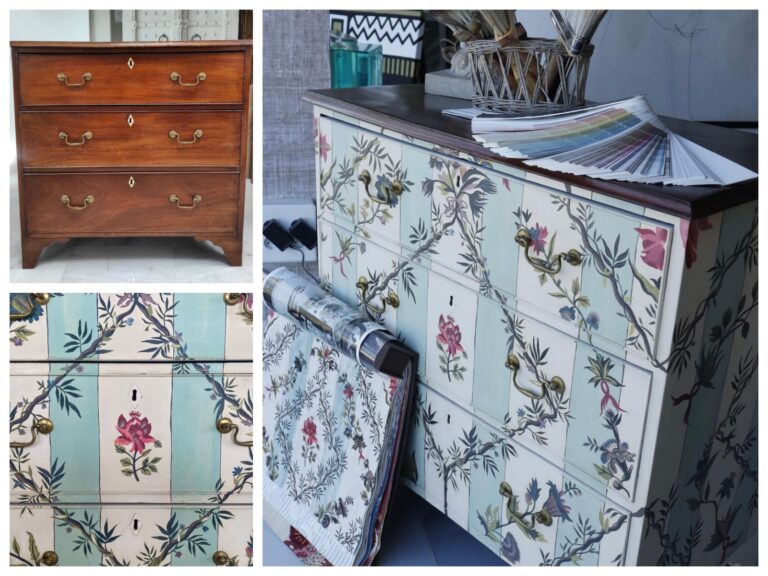 Upcycled vintage chest of drawers painted in a French floral pattern - Studio 2 Art & Design