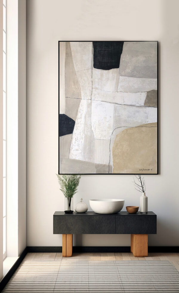 Beige and black minimal abstract painting in hallway - Studio 2 Art & Design