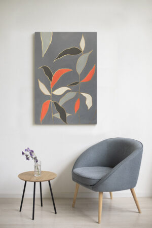 Grey and red leaf abstract painting in a neutral interior - Studio 2 Art & Design