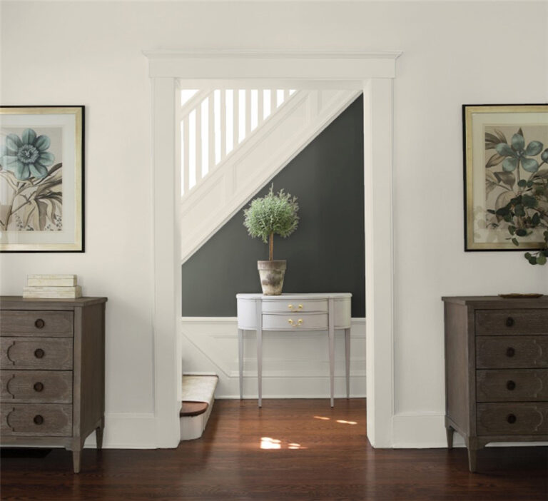 Sea Salt (CSP-95) from Benjamin Moore's Colour Palette of 2025, used to colour drench this hallway / entrance space.